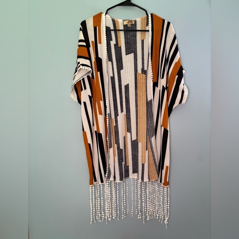 Lavish Open Front Cardigan Womens Small Bohemian Fringe Festival Black Orange